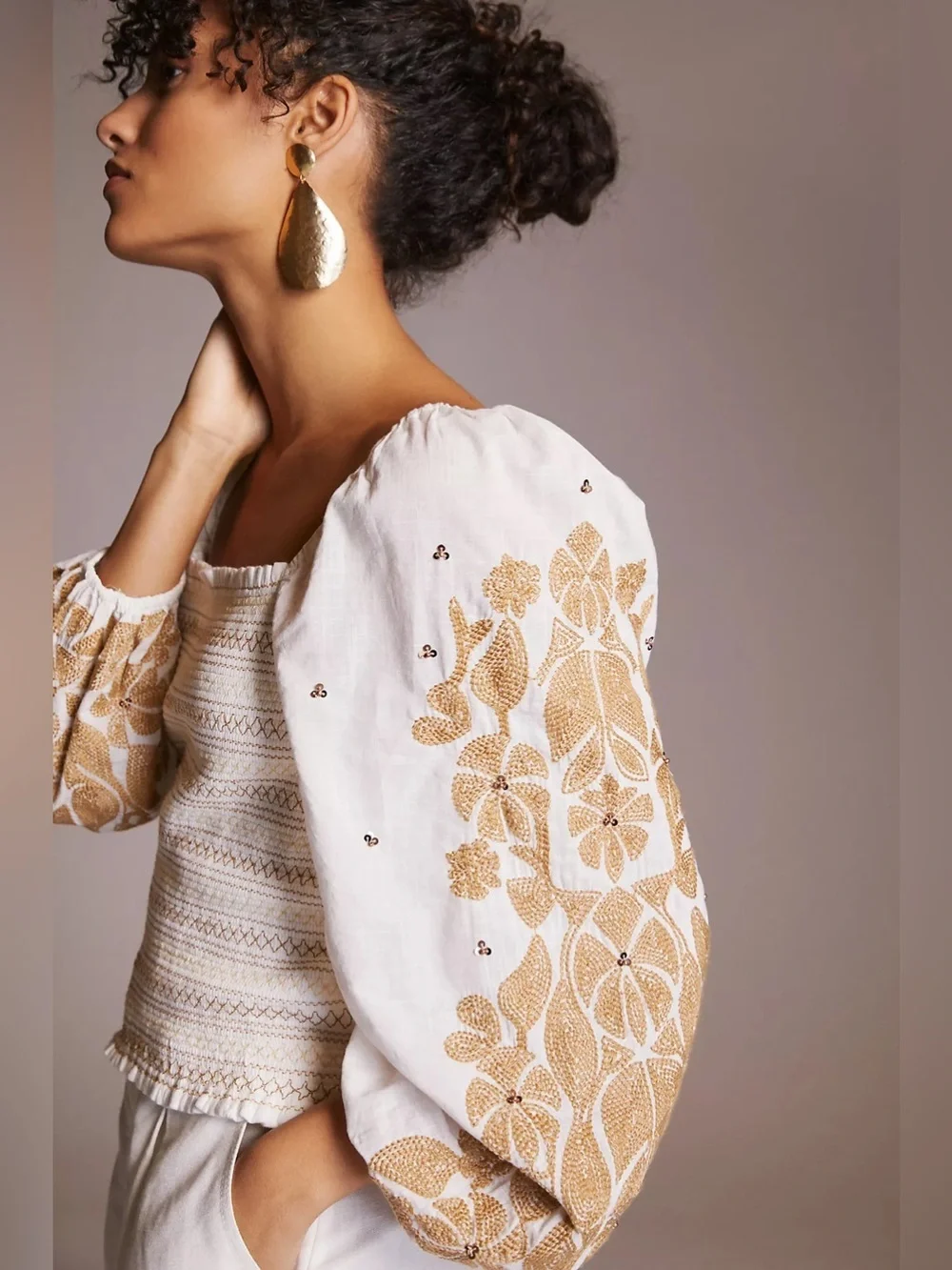 Anthropologie Embroidered Smocked Puff Sleeve Crop Top Ivory Gold Floral 2X